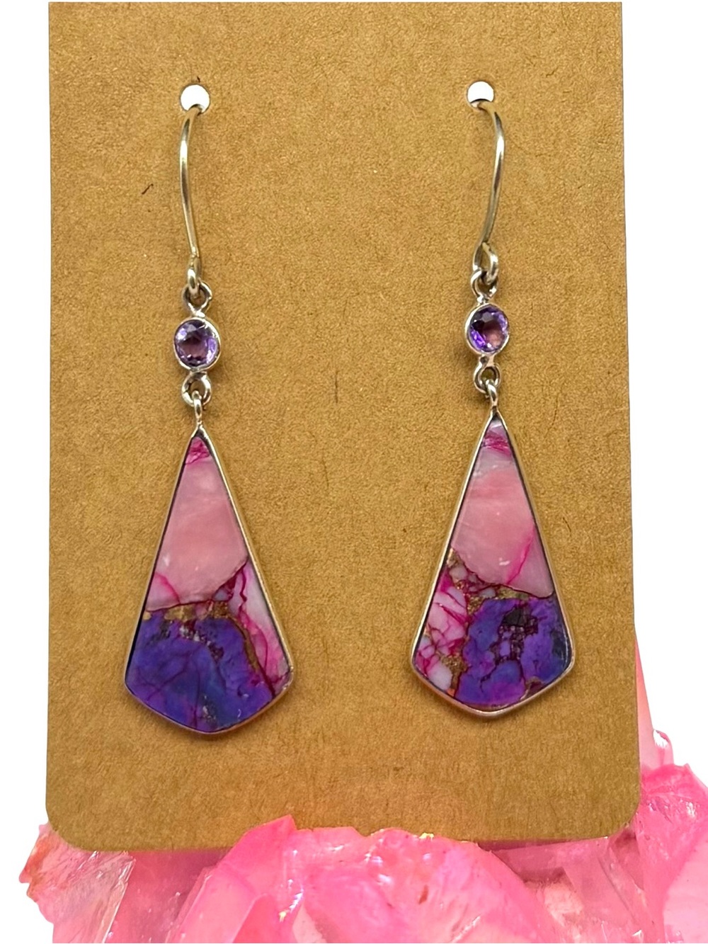 Kingman Pink Dahlia Turquoise & Amethyst Earrings 925 Sterling Silver Plated